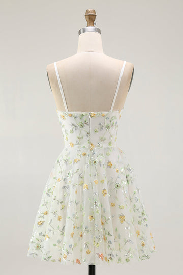 Green Floral A Line Spaghetti Straps Short Prom Dress